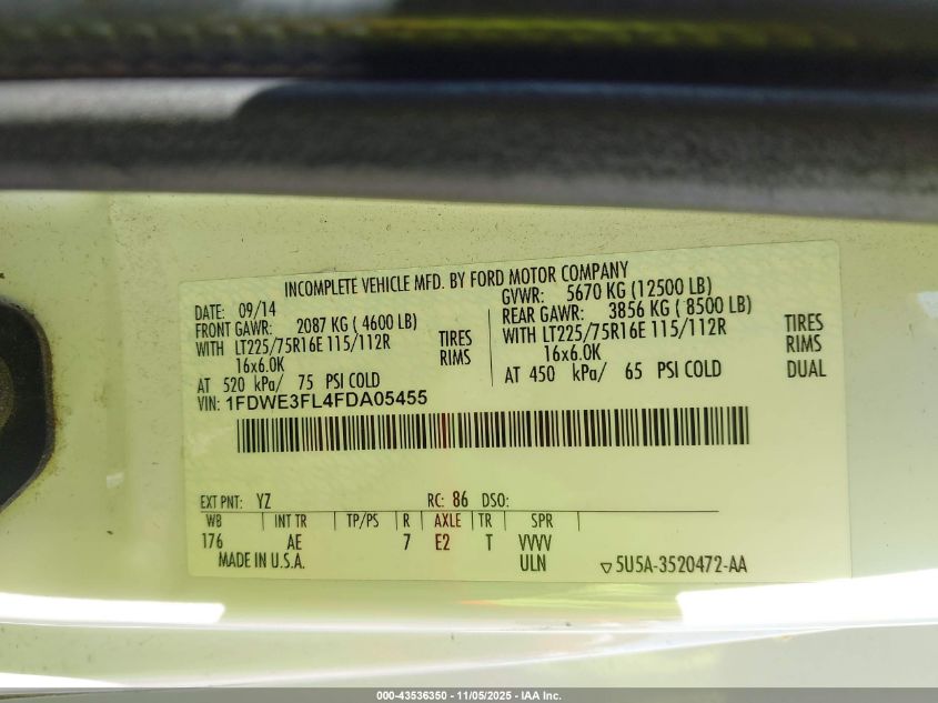 2015 Ford E-350 Cutaway VIN: 1FDWE3FL4FDA05455 Lot: 43536350