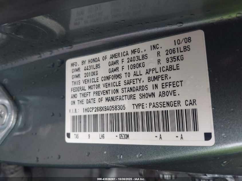2009 Honda Accord 2.4 Ex-L VIN: 1HGCP268X9A058305 Lot: 43536361