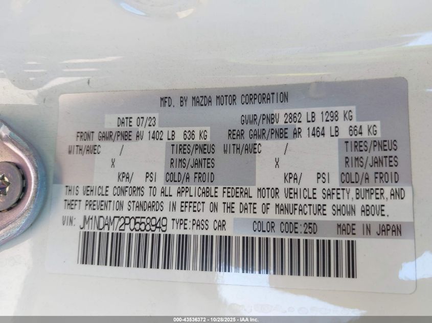 2023 Mazda Mx-5 Miata Rf Grand Touring VIN: JM1NDAM72P0558949 Lot: 43536372