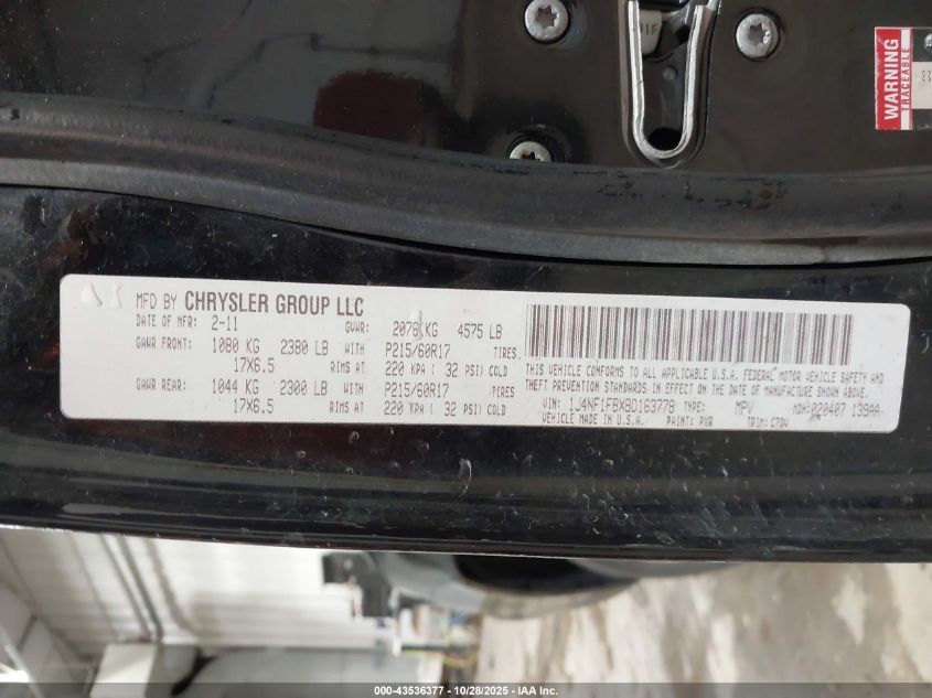 2011 Jeep Compass VIN: 1J4NF1FBXBD163778 Lot: 43536377