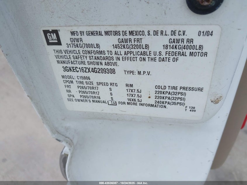 2004 GMC Yukon Xl 1500 Slt VIN: 3GKEC16ZX4G209308 Lot: 43536387