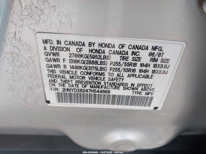 2007 Acura Mdx VIN: 2HNYD28247H544669 Lot: 43536462