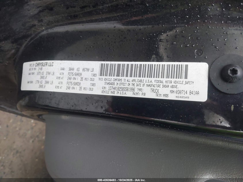 2008 Dodge Ram 1500 Slt VIN: 1D7HA18258S581996 Lot: 43536483
