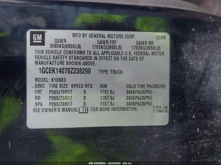 2008 Chevrolet Silverado 1500 Work Truck VIN: 1GCEK14078Z238290 Lot: 43536504