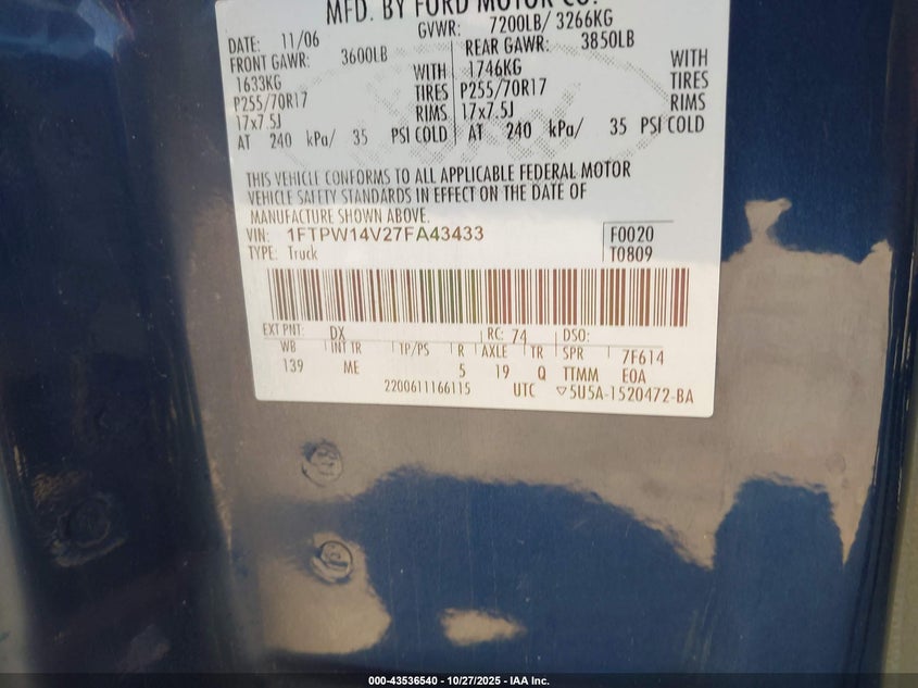 2007 Ford F-150 Fx4/Lariat/Xlt VIN: 1FTPW14V27FA43433 Lot: 43536540