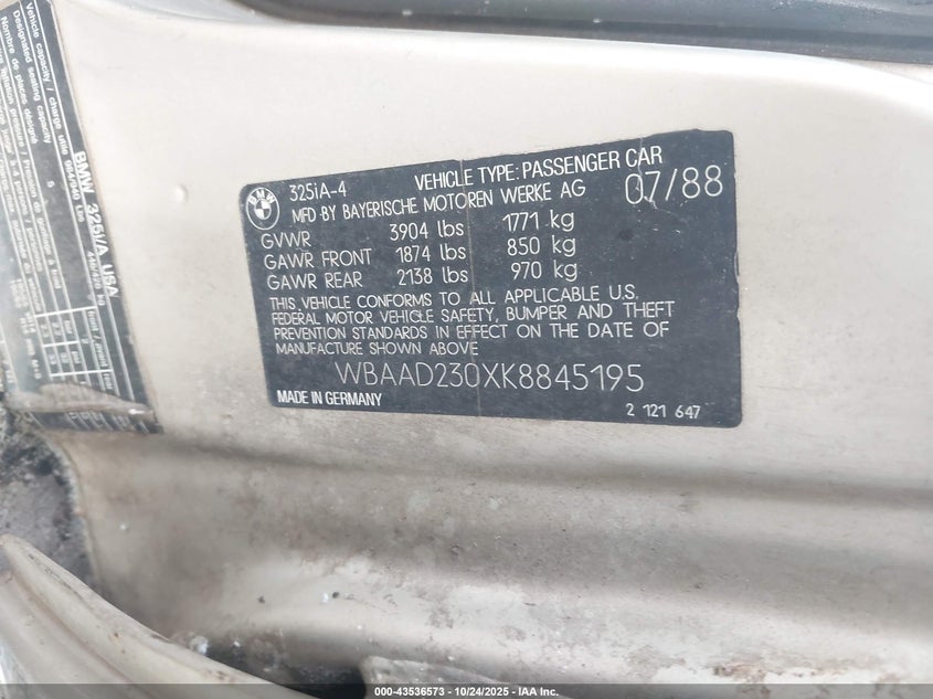 1989 BMW 325 I Automatic VIN: WBAAD230XK8845195 Lot: 43536573