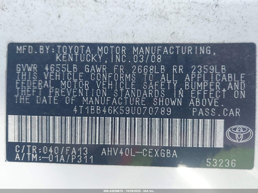 4T1BB46K59U070789 2009 TOYOTA CAMRY photo no. 9