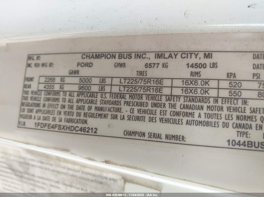 2017 Ford E-450 Cutaway VIN: 1FDFE4FSXHDC46212 Lot: 43536613