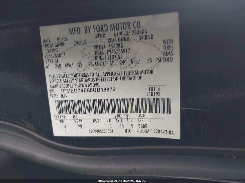 2008 Ford Explorer Eddie Bauer VIN: 1FMEU74E88UB18872 Lot: 43536659