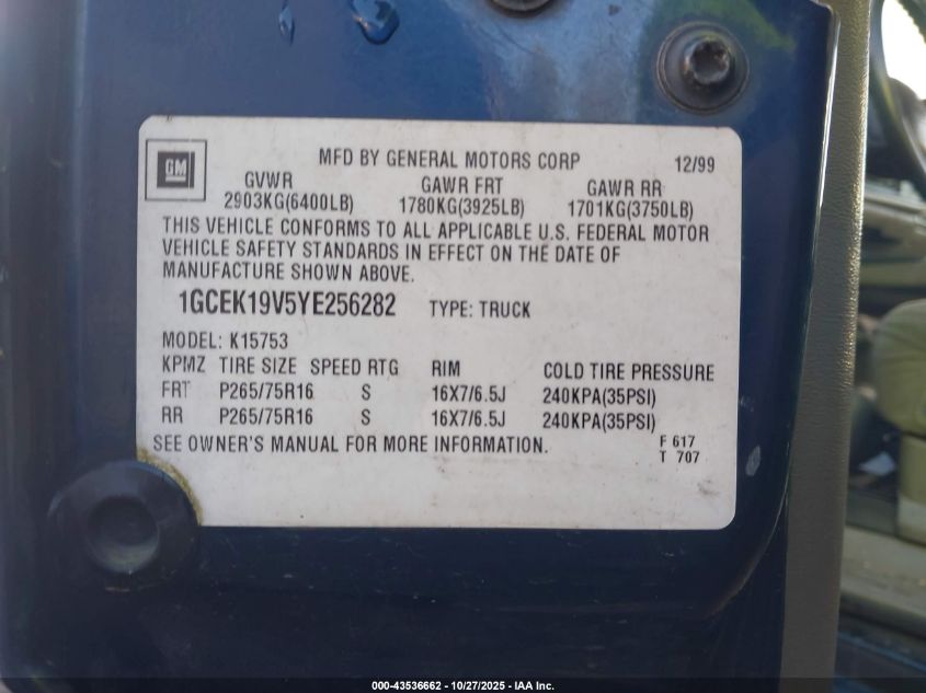 2000 Chevrolet Silverado 1500 Ls VIN: 1GCEK19V5YE256282 Lot: 43536662