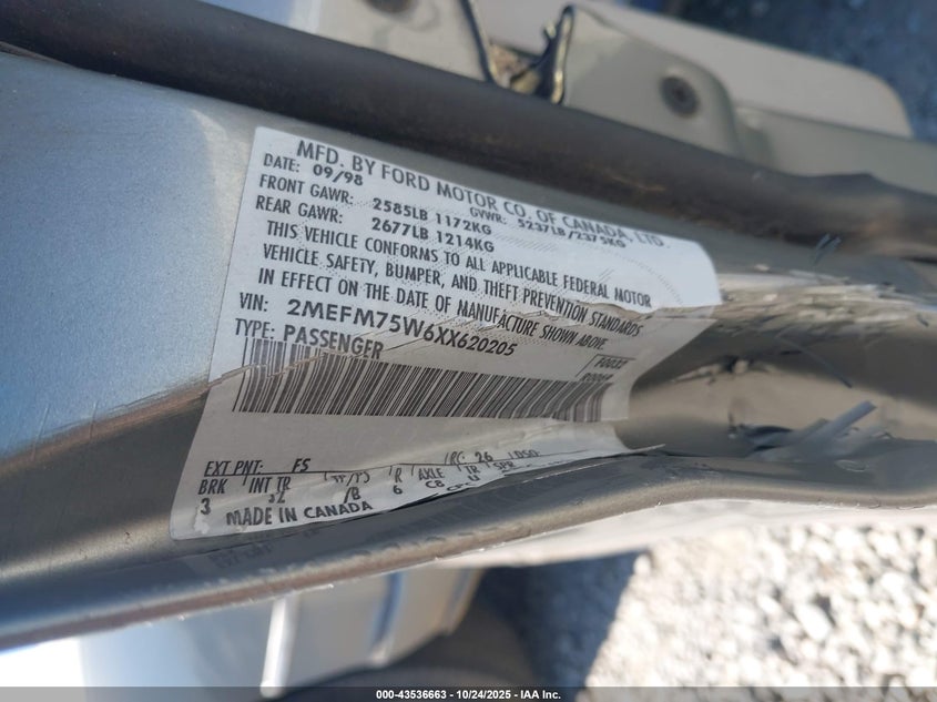 1999 Mercury Grand Marquis Ls VIN: 2MEFM75W6XX620205 Lot: 43536663