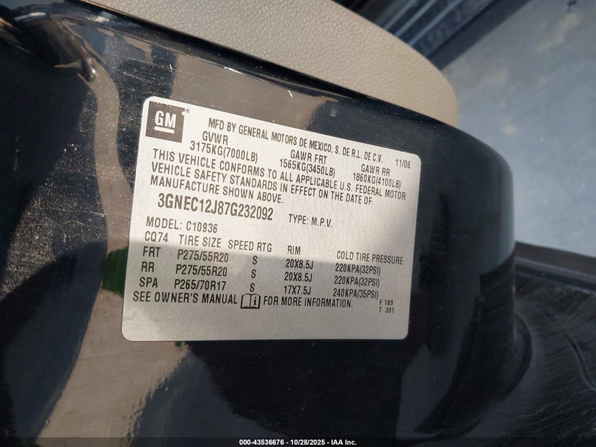 2007 Chevrolet Avalanche 1500 Ltz VIN: 3GNEC12J87G232092 Lot: 43536676