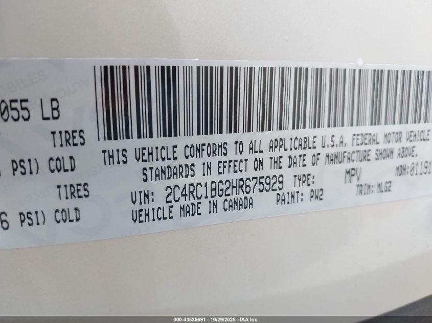 2017 Chrysler Pacifica Touring-L VIN: 2C4RC1BG2HR675929 Lot: 43536691