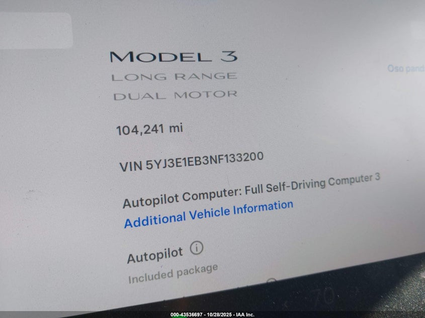 2022 Tesla Model 3 Long Range Dual Motor All-Wheel Drive VIN: 5YJ3E1EB3NF133200 Lot: 43536697