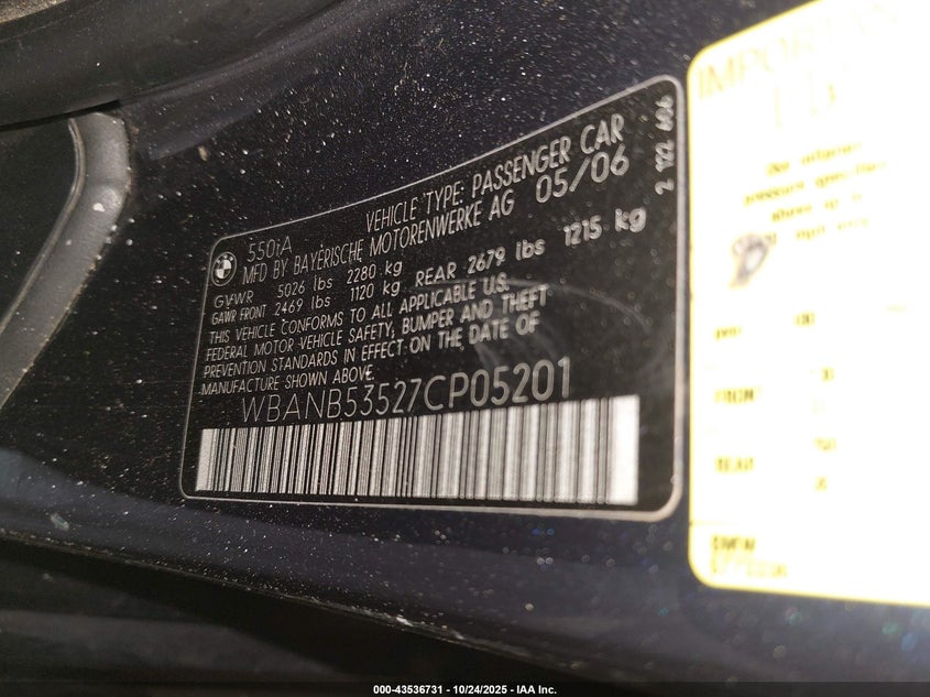 2007 BMW 550I VIN: WBANB53527CP05201 Lot: 43536731