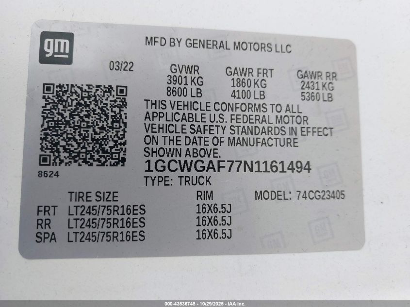 2022 Chevrolet Express Cargo Rwd 2500 Regular Wheelbase Wt VIN: 1GCWGAF77N1161494 Lot: 43536745