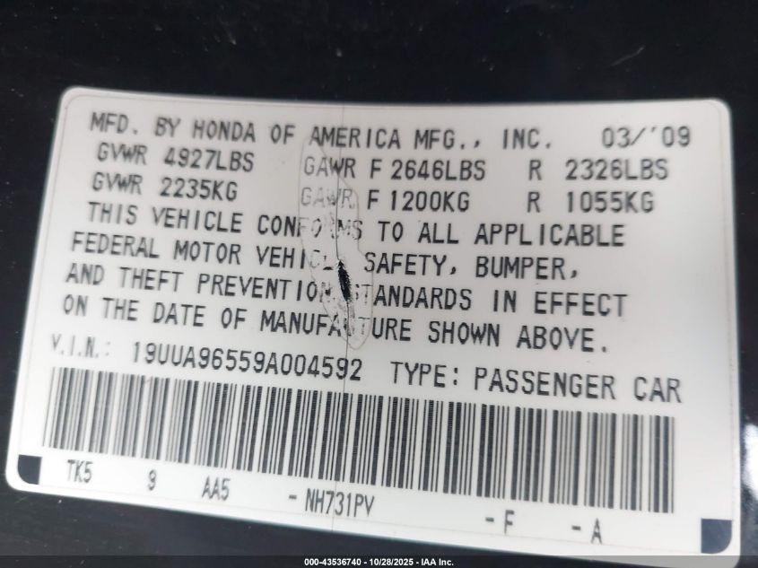 2009 Acura Tl 3.7 VIN: 19UUA96559A004592 Lot: 43536740