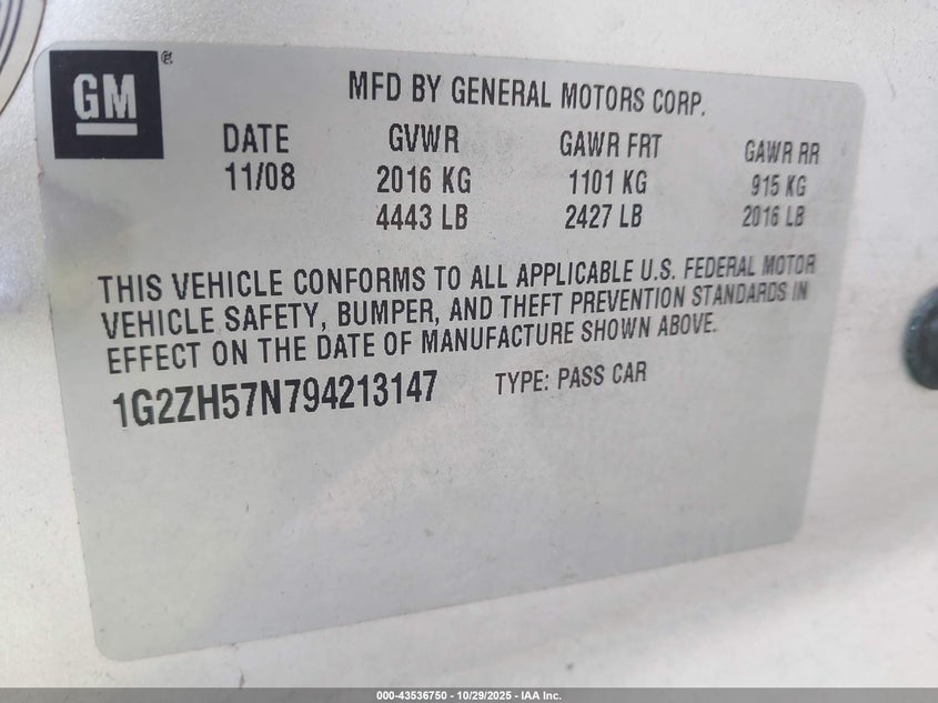 2009 Pontiac G6 Gt VIN: 1G2ZH57N794213147 Lot: 43536750