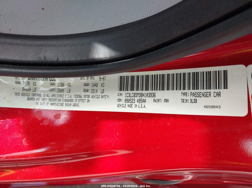 2008 Chrysler Sebring Limited VIN: 1C3LC65M38N103936 Lot: 43536754