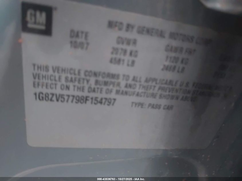 2008 Saturn Aura Xr VIN: 1G8ZV57798F154797 Lot: 43536763