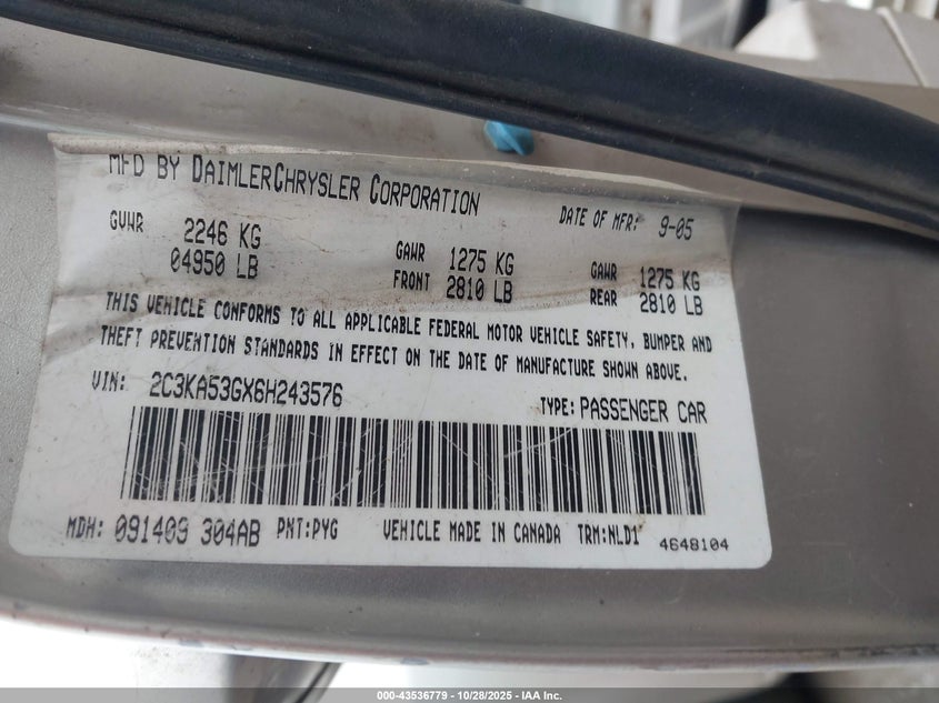 2006 Chrysler 300 Touring VIN: 2C3KA53GX6H243576 Lot: 43536779