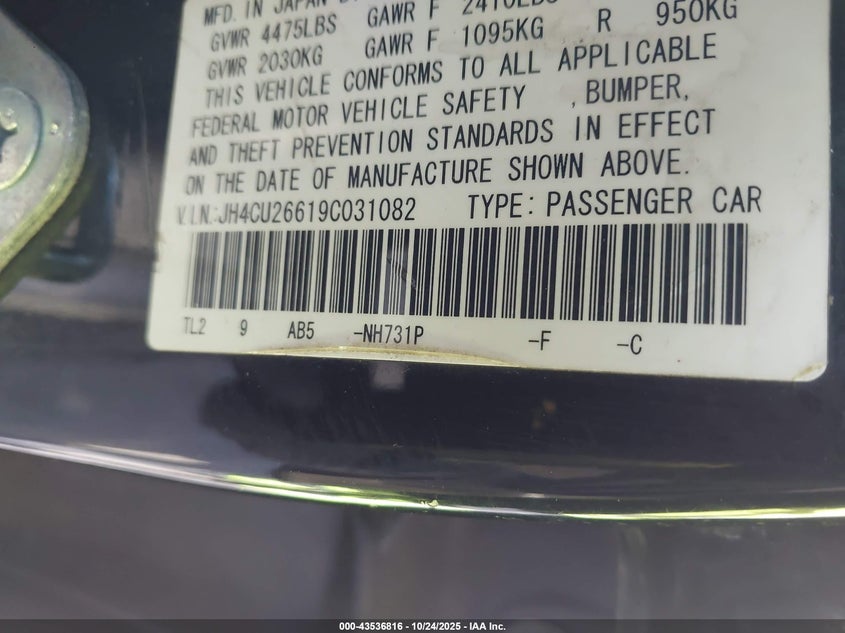 2009 Acura Tsx VIN: JH4CU26619C031082 Lot: 43536816