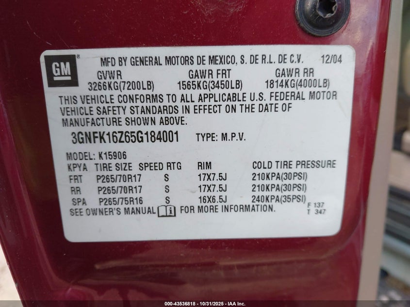 2005 Chevrolet Suburban 1500 Z71 VIN: 3GNFK16Z65G184001 Lot: 43536818