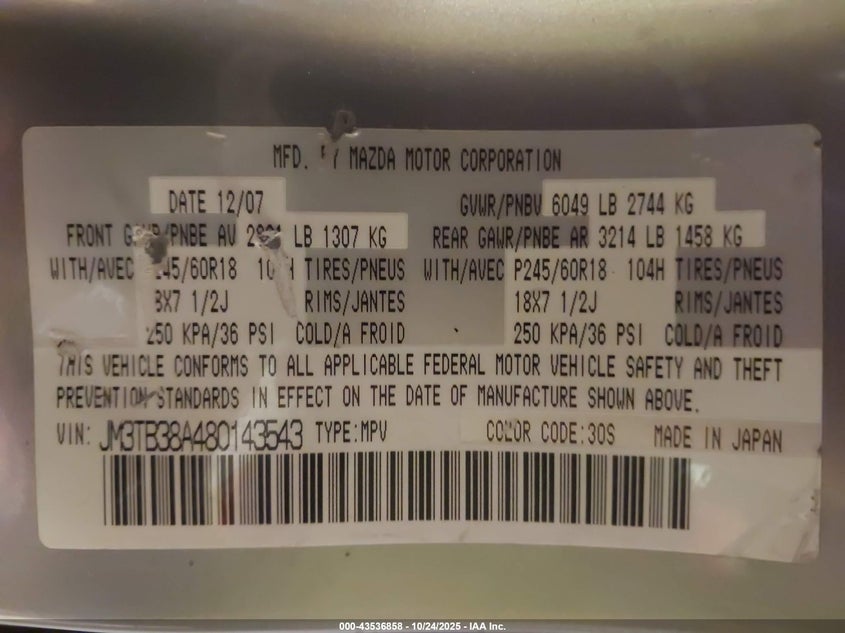 2008 Mazda Cx-9 Touring VIN: JM3TB38A480143543 Lot: 43536858