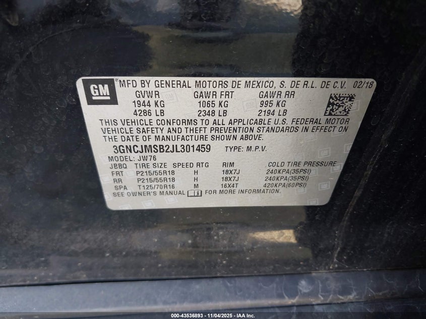 2018 Chevrolet Trax Premier VIN: 3GNCJMSB2JL301459 Lot: 43536893