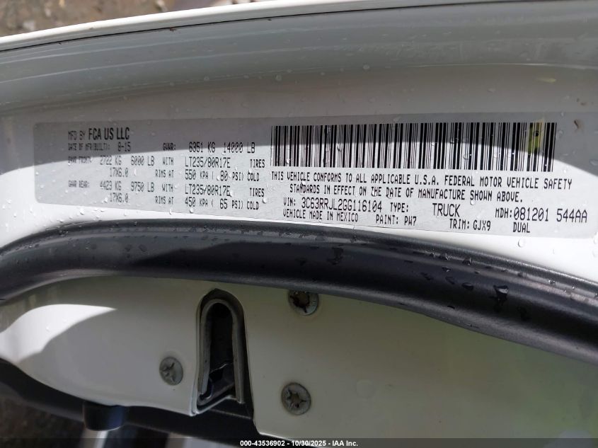 2016 Ram 3500 Laramie VIN: 3C63RRJL2GG116104 Lot: 43536902