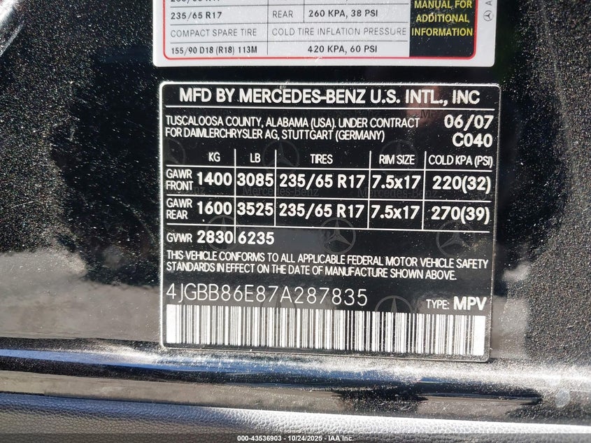 2007 Mercedes-Benz Ml 350 4Matic VIN: 4JGBB86E87A287835 Lot: 43536903