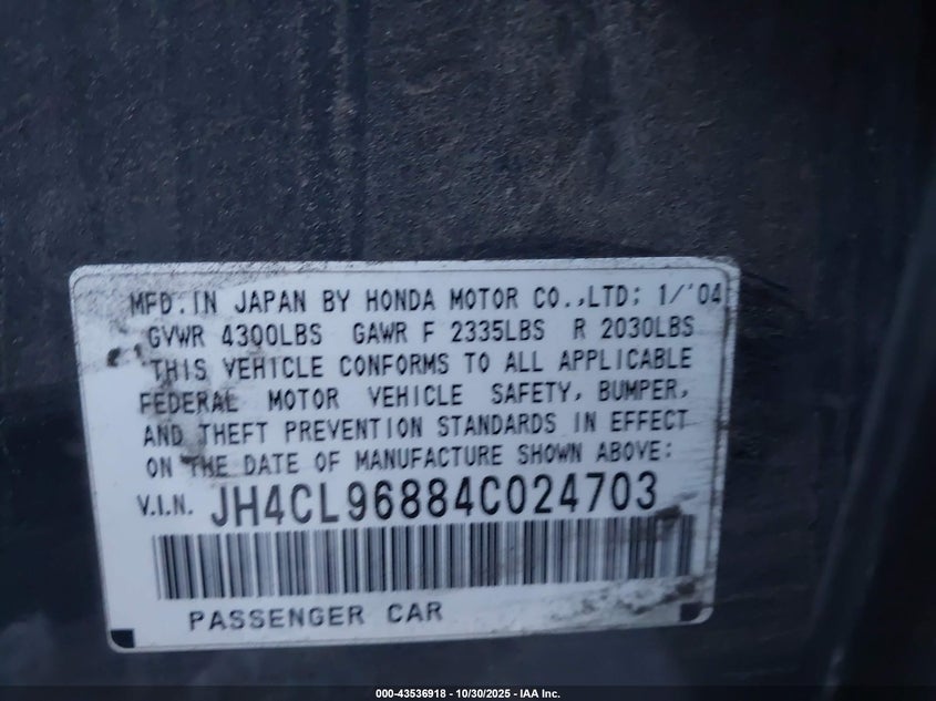 2004 Acura Tsx VIN: JH4CL96884C024703 Lot: 43536918
