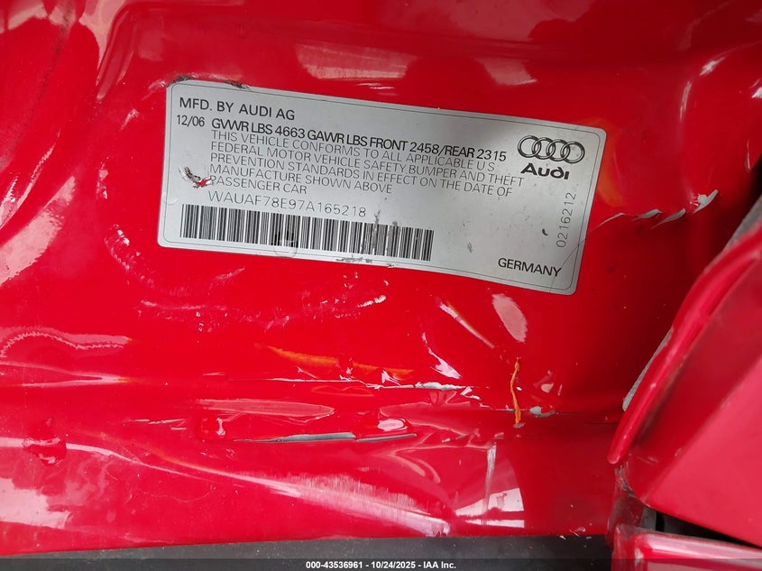 2007 Audi A4 2.0T VIN: WAUAF78E97A165218 Lot: 43536961