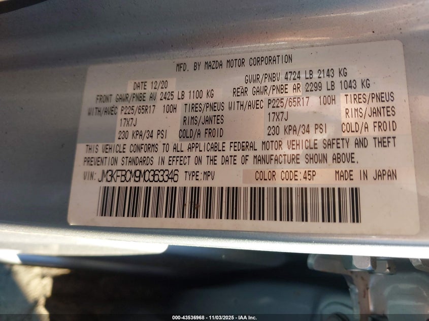 JM3KFBCM9M0363346 2021 MAZDA CX-5 photo no. 9