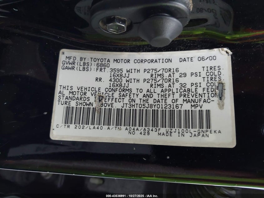 JT3HT05J8Y0123167 2000 TOYOTA LAND CRUISER photo no. 9