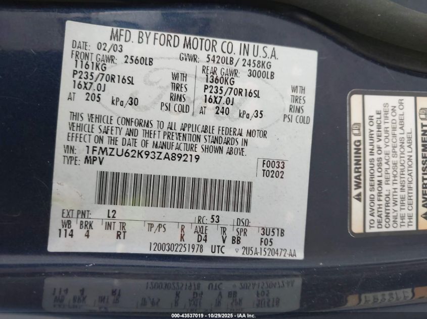 2003 Ford Explorer Xls VIN: 1FMZU62K93ZA89219 Lot: 43537019
