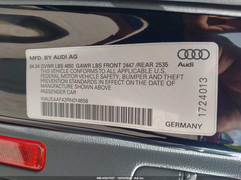 2024 AUDI A4 PREMIUM PLUS 45 TFSI S LINE QUATTRO S TRONIC WAUEAAF42RN014658