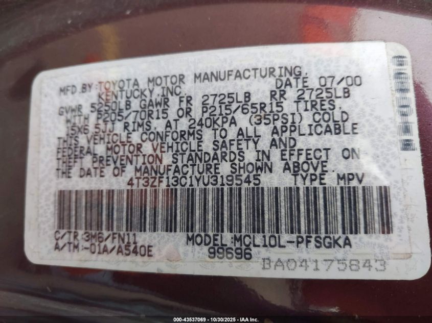 2000 Toyota Sienna Le VIN: 4T3ZF13C1YU319545 Lot: 43537069