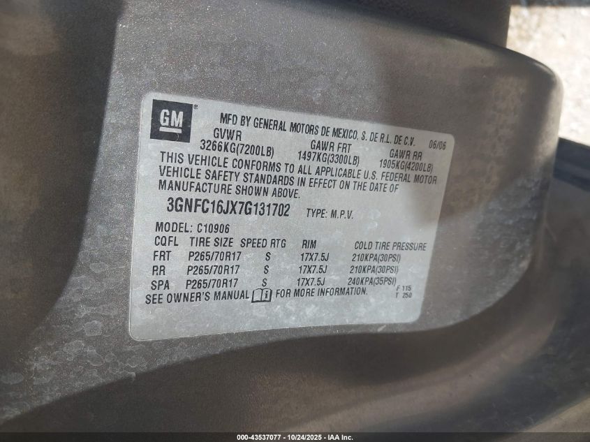 2007 Chevrolet Suburban 1500 Lt VIN: 3GNFC16JX7G131702 Lot: 43537077