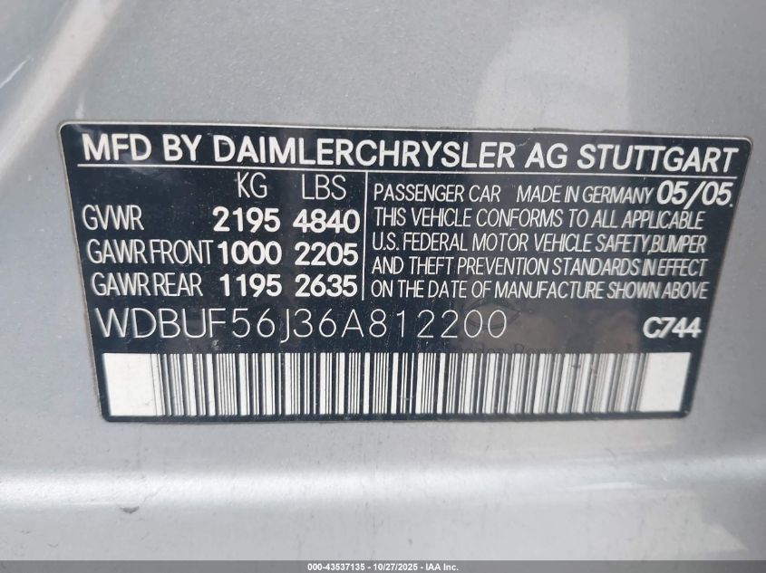 2006 Mercedes-Benz E 350 VIN: WDBUF56J36A812200 Lot: 43537135