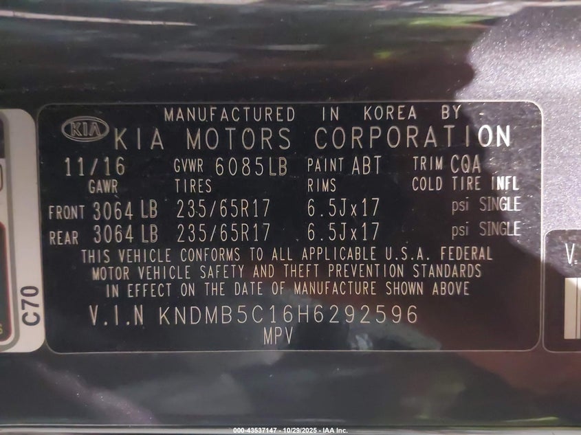 2017 Kia Sedona Lx VIN: KNDMB5C16H6292596 Lot: 43537147