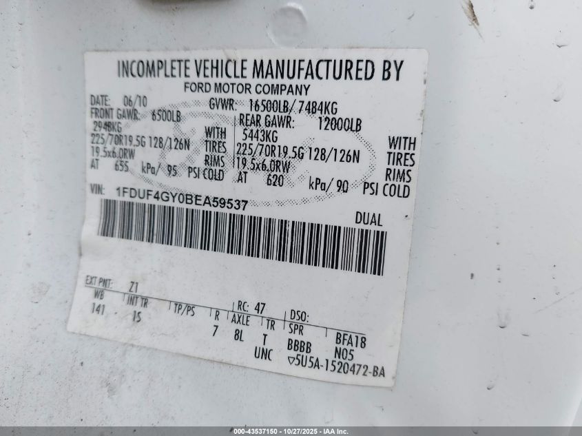 2011 Ford F450 Super Duty VIN: 1FDUF4GY0BEA59537 Lot: 43537150