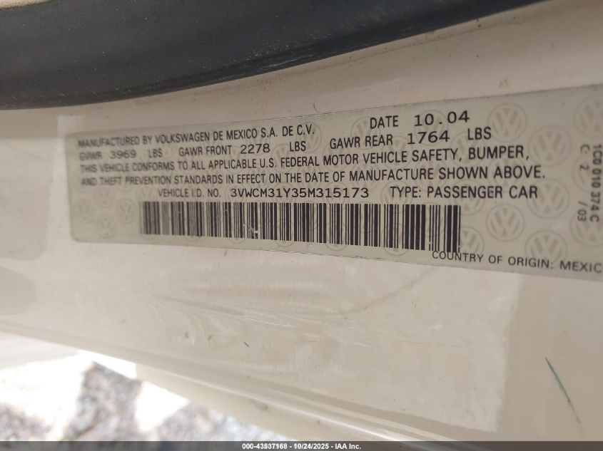 2005 Volkswagen New Beetle Gls VIN: 3VWCM31Y35M315173 Lot: 43537168