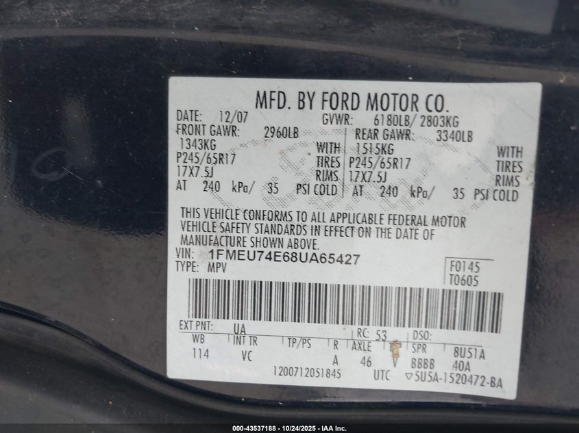 2008 Ford Explorer Eddie Bauer VIN: 1FMEU74E68UA65427 Lot: 43537188