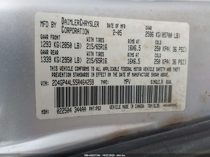 2005 Dodge Grand Caravan Sxt VIN: 2D4GP44L55R464259 Lot: 43537194