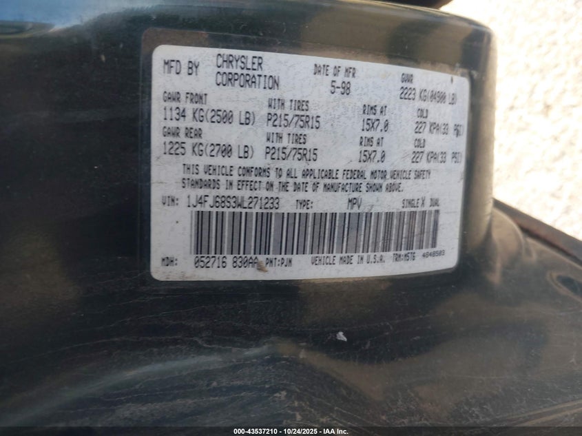 1998 Jeep Cherokee Classic/Sport VIN: 1J4FJ68S3WL271233 Lot: 43537210