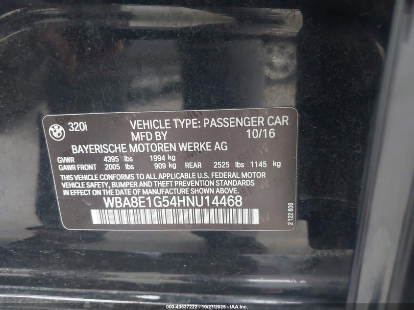 2017 BMW 320I WBA8E1G54HNU14468