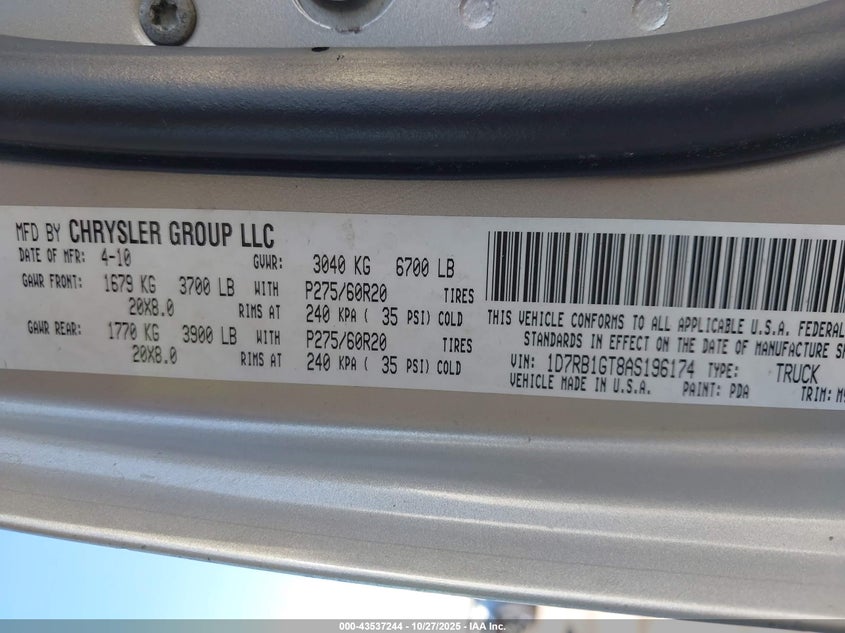 2010 Dodge Ram 1500 Slt/Sport/Trx VIN: 1D7RB1GT8AS196174 Lot: 43537244