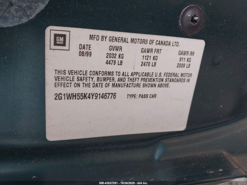 2000 Chevrolet Impala Ls VIN: 2G1WH55K4Y9146776 Lot: 43537251