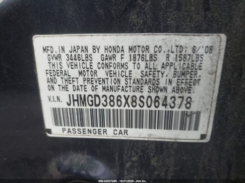 2008 Honda Fit Sport VIN: JHMGD386X8S064378 Lot: 43537268